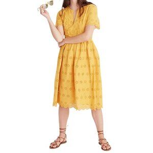 Madewell Womens Scalloped Eyelet Midi Dress Yellow  Short Sleeve